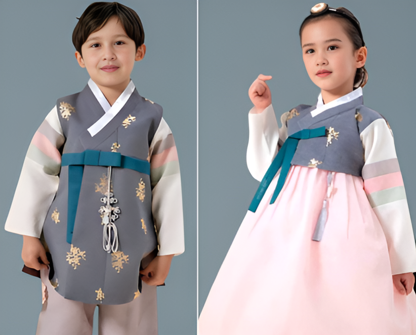 Grey Pink Hanbok girl, Korean traditional costume for girls, Kids hanbok