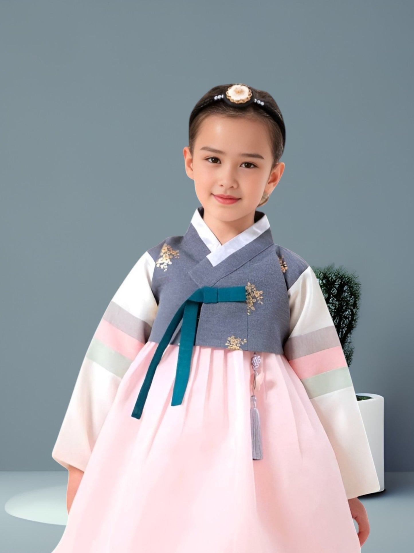 Grey Pink Hanbok girl, Korean traditional costume for girls, Kids hanbok