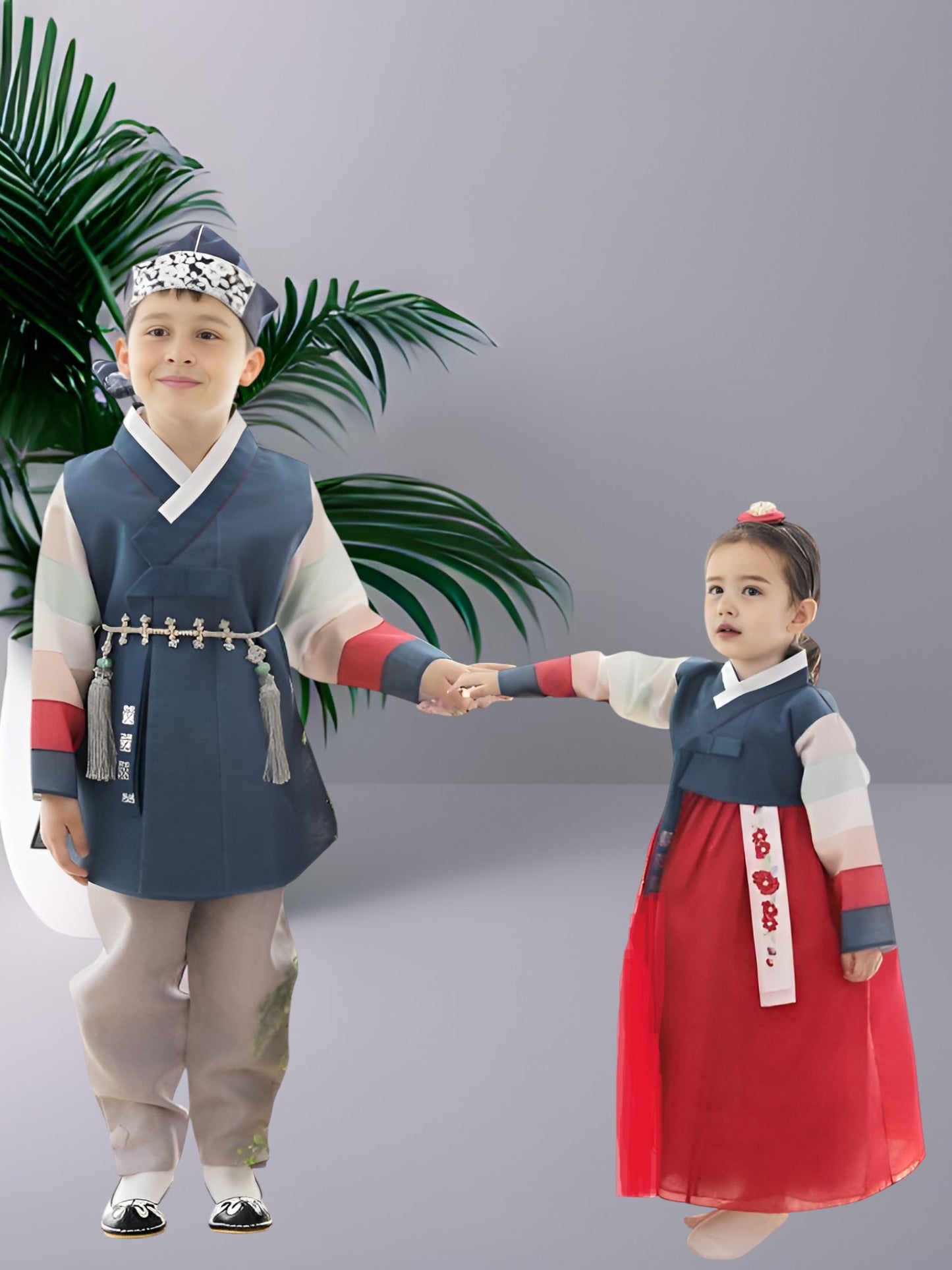 Navy Red Hanbok girl, Korean traditional costume for girls, Kids hanbok