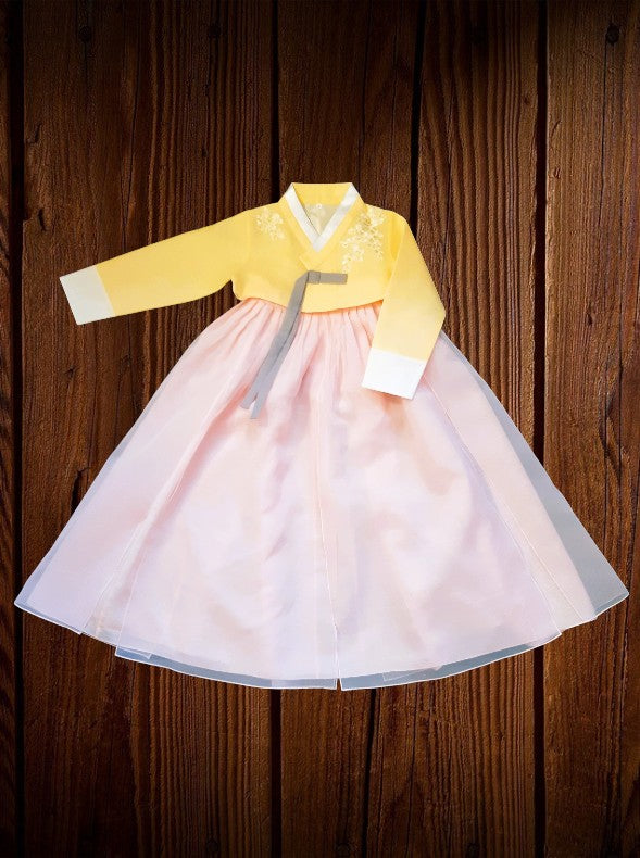 Yellow Pink Hanbok girl, Korean traditional costume for girls, Kids hanbok