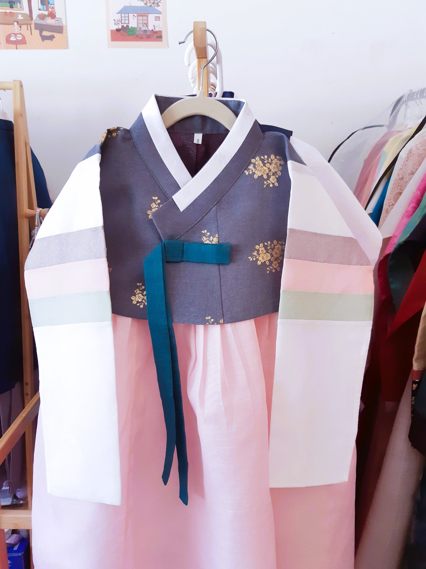 Grey Pink Hanbok girl, Korean traditional costume for girls, Kids hanbok