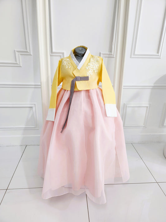 Yellow Pink Hanbok girl, Korean traditional costume for girls, Kids hanbok