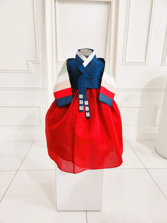Navy Red Hanbok girl, Korean traditional costume for girls, Kids hanbok