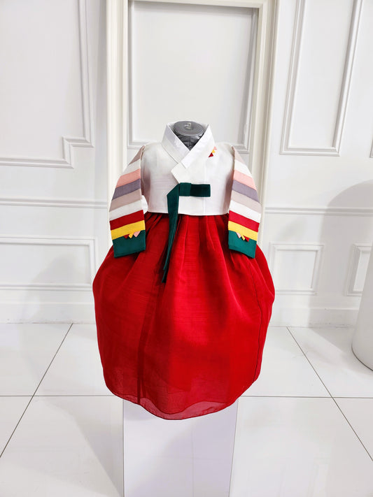 White Red Hanbok girl, Korean traditional costume for girls, Kids hanbok