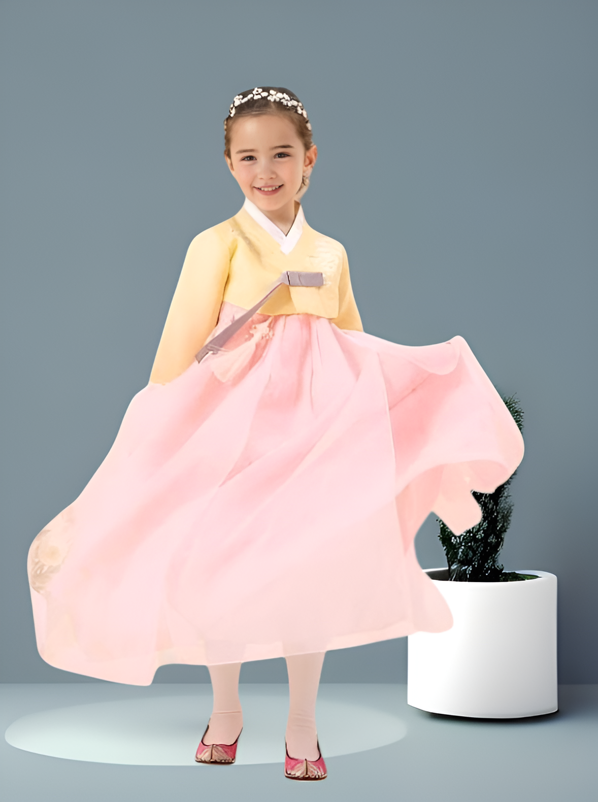 Yellow Pink Hanbok girl, Korean traditional costume for girls, Kids hanbok