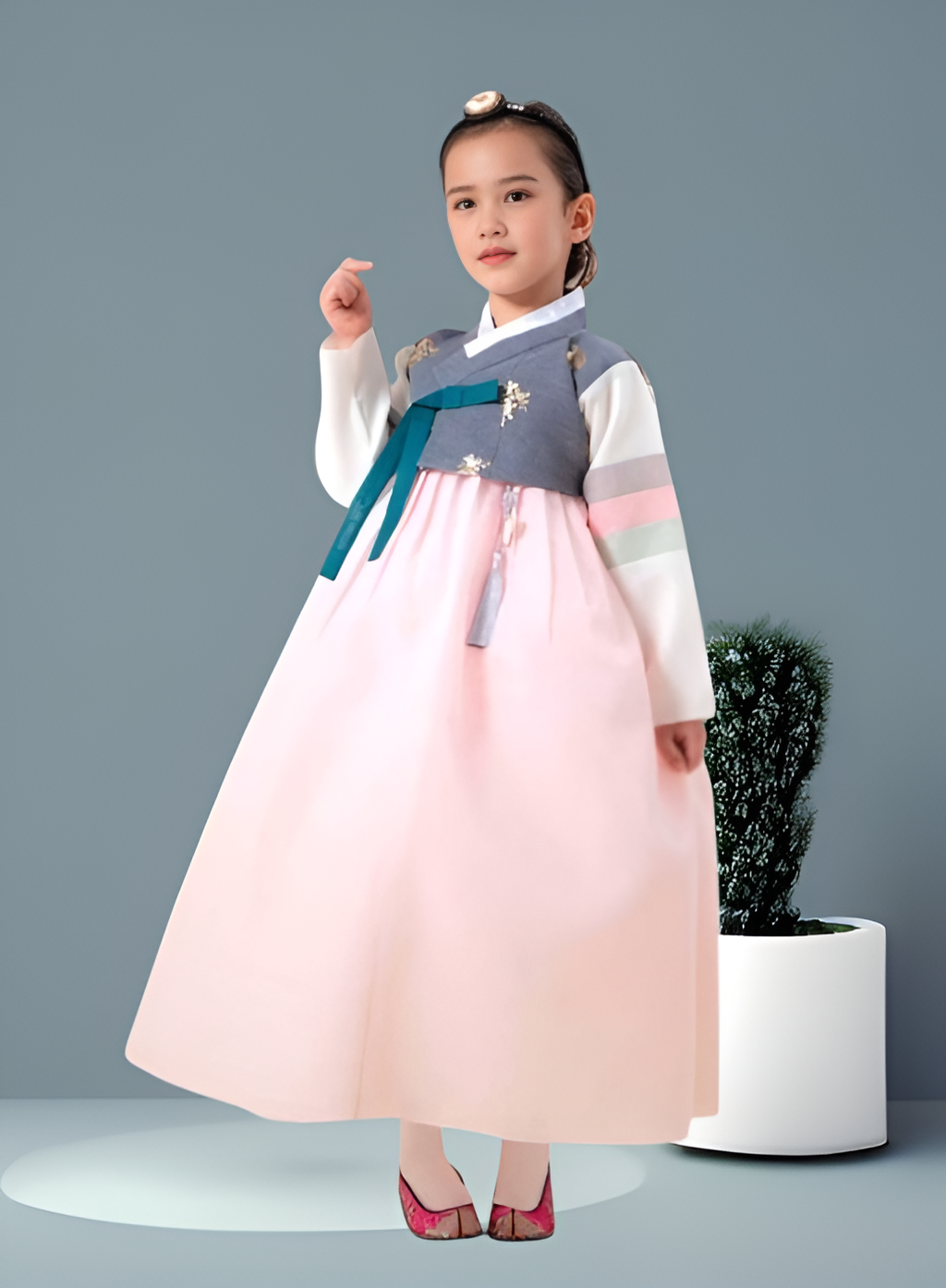 Grey Pink Hanbok girl, Korean traditional costume for girls, Kids hanbok