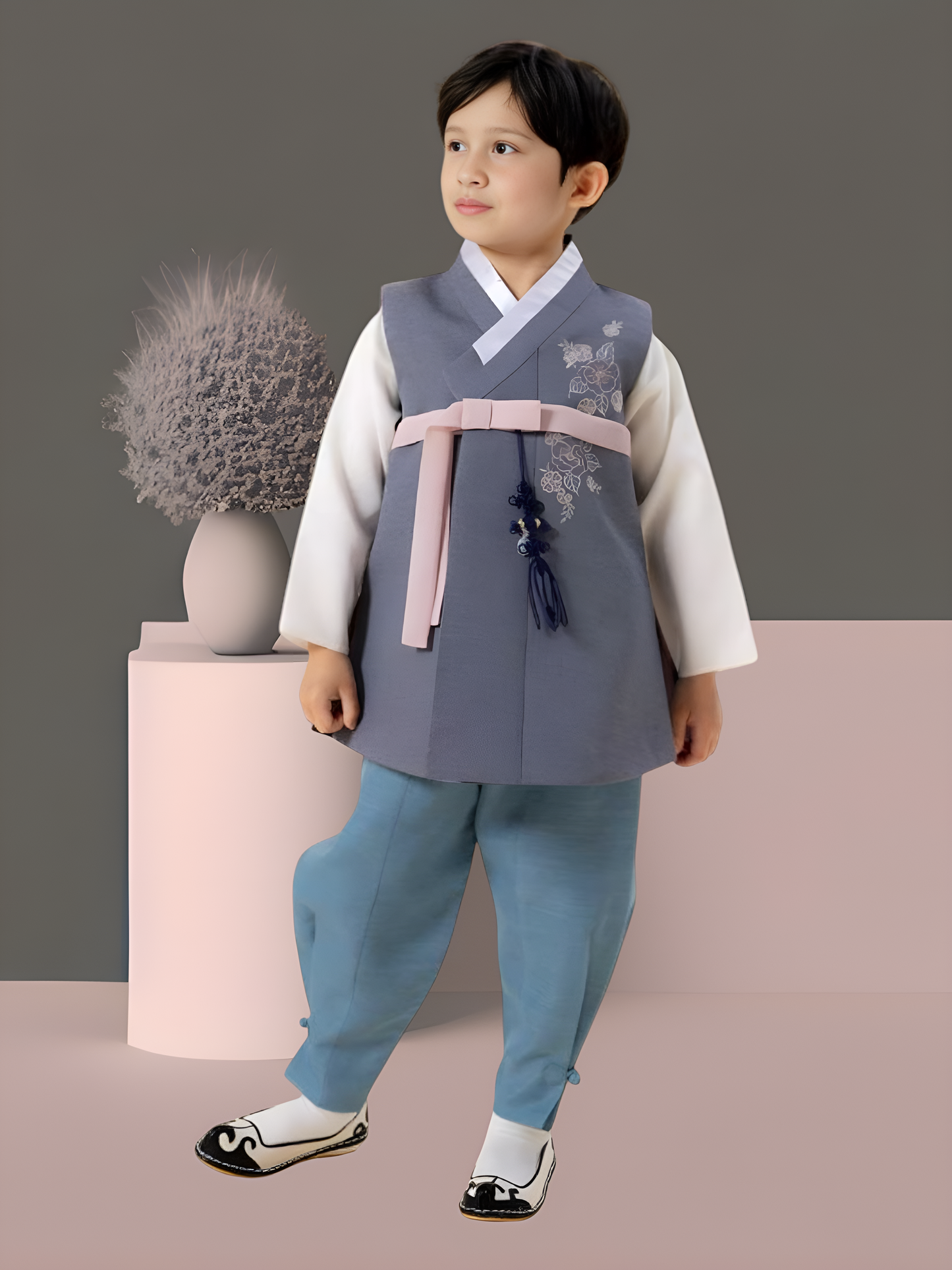 Pink Grey Hanbok Boy, Korean traditional costume for boys, Kids hanbok