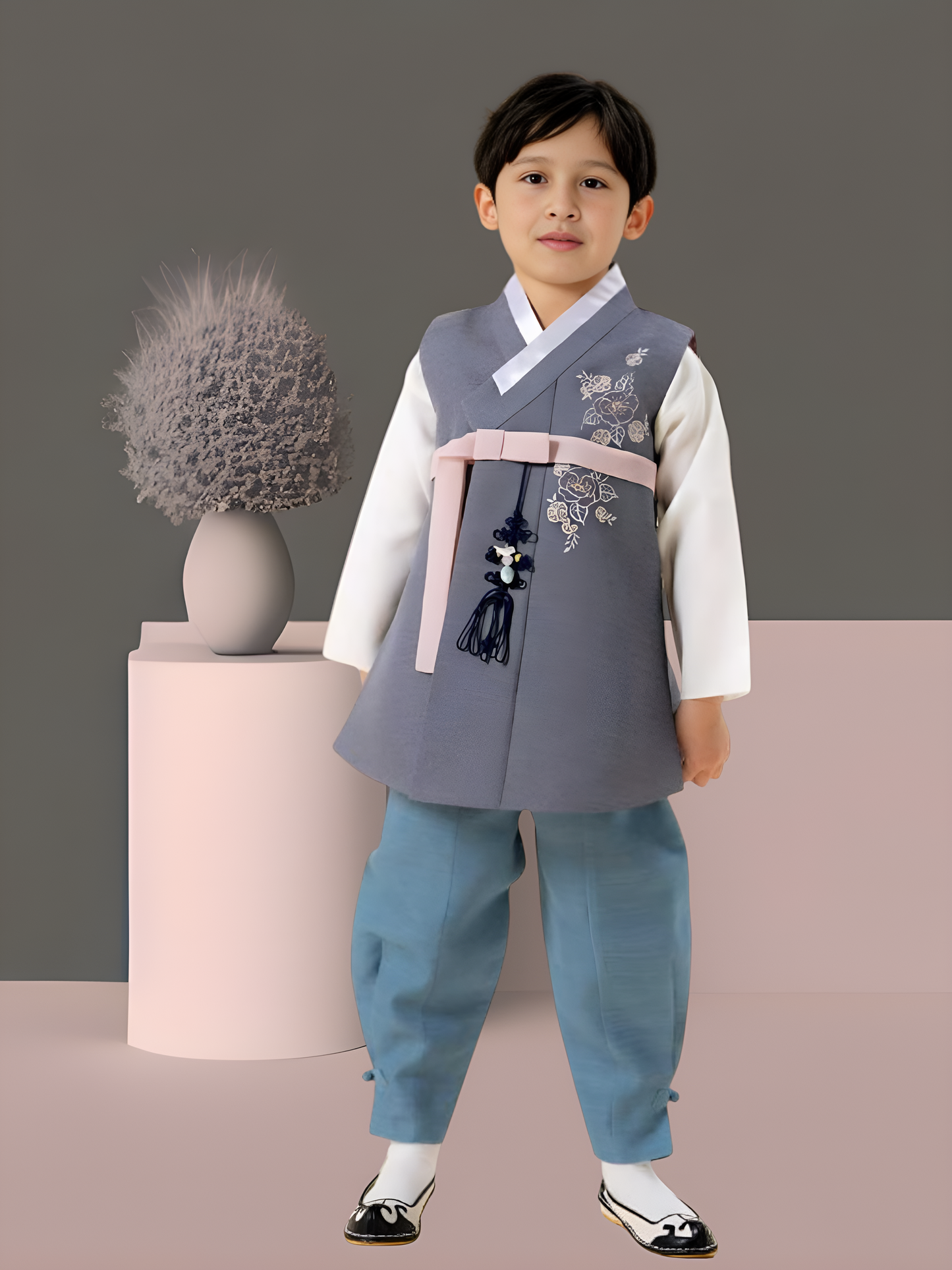 Pink Grey Hanbok Boy, Korean traditional costume for boys, Kids hanbok