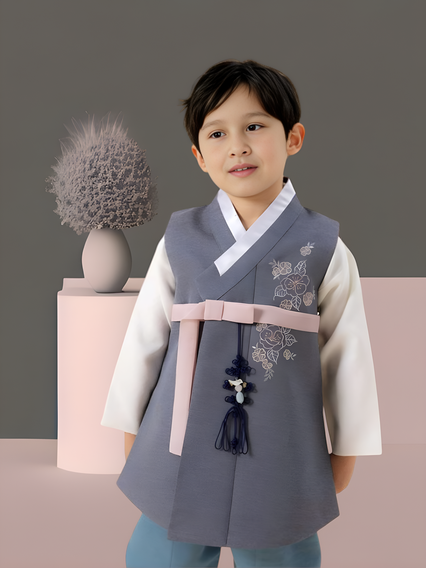 Pink Grey Hanbok Boy, Korean traditional costume for boys, Kids hanbok