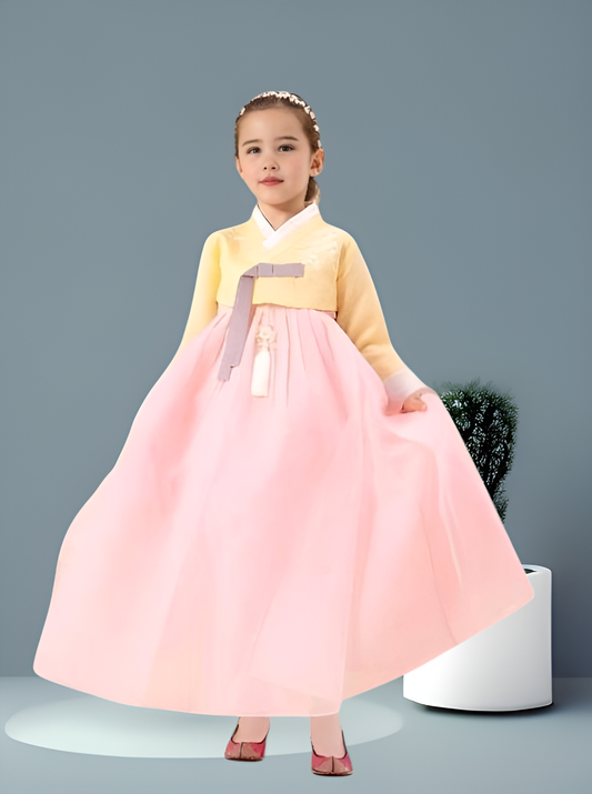 Yellow Pink Hanbok girl, Korean traditional costume for girls, Kids hanbok