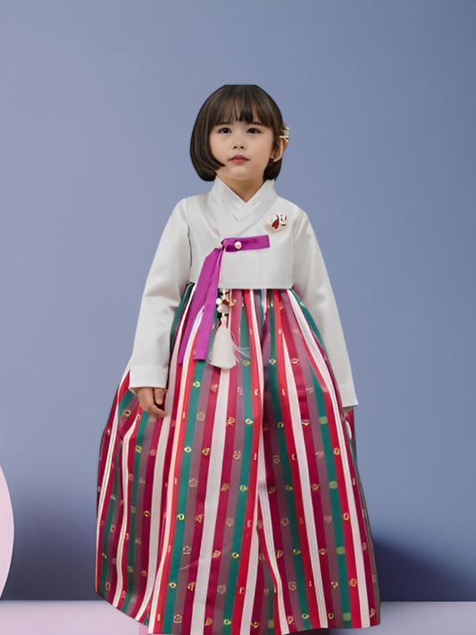 White Saekdong Hanbok girl, Korean traditional costume for girls, Kids hanbok with worldwide shipping