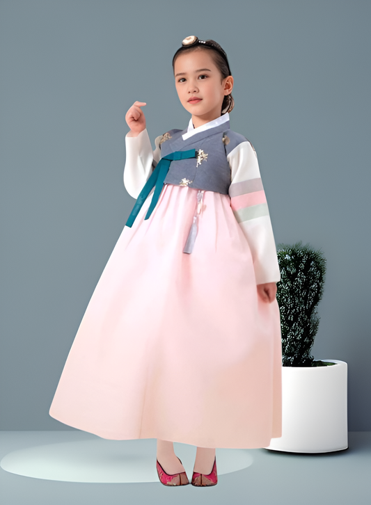 Grey Pink Hanbok girl, Korean traditional costume for girls, Kids hanbok