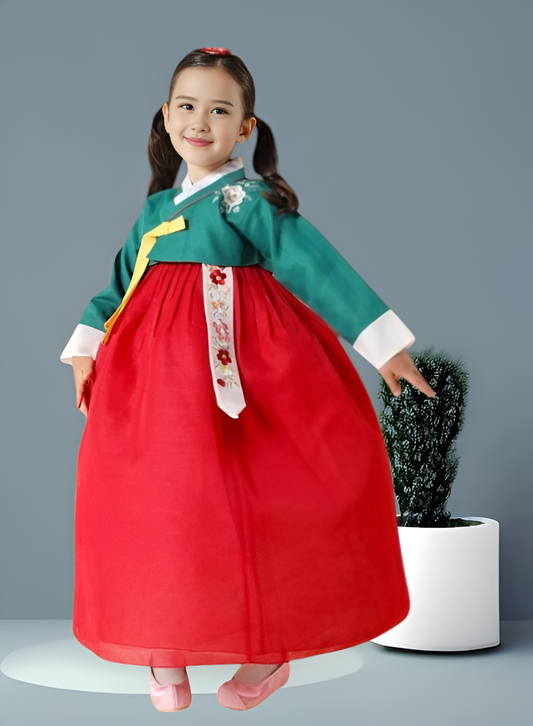 Green Red Hanbok girl, Korean traditional costume for girls, Kids hanbok