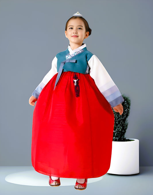 Blue Red Hanbok girl, Korean traditional costume for girls, Kids hanbok