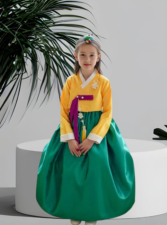 Yellow Green Hanbok girl, Korean traditional costume for girls, Kids hanbok