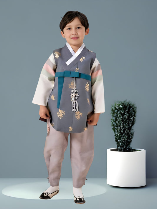 Gold Grey Hanbok Boy, Korean traditional costume for boys, Kids hanbok