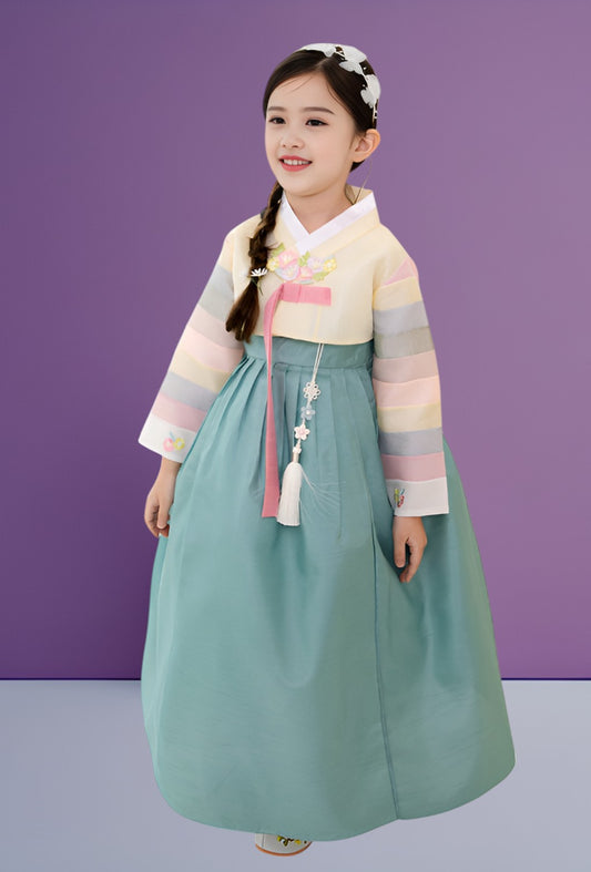 Yellow Green Hanbok girl, Korean traditional costume for girls, Kids hanbok