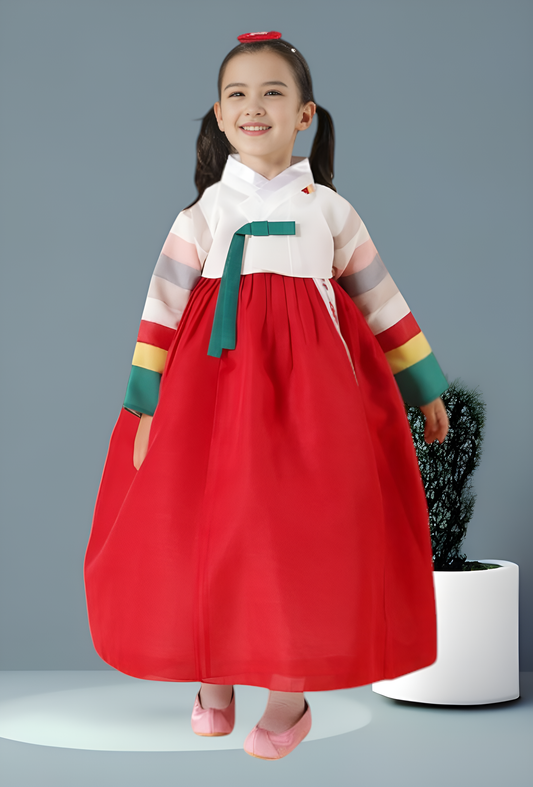 White Red Hanbok girl, Korean traditional costume for girls, Kids hanbok